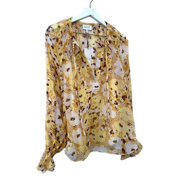 NWT Joie Brigitta Amber Gold Floral Blouson-Sleeve Blouse Size Large - Picture 10 of 11